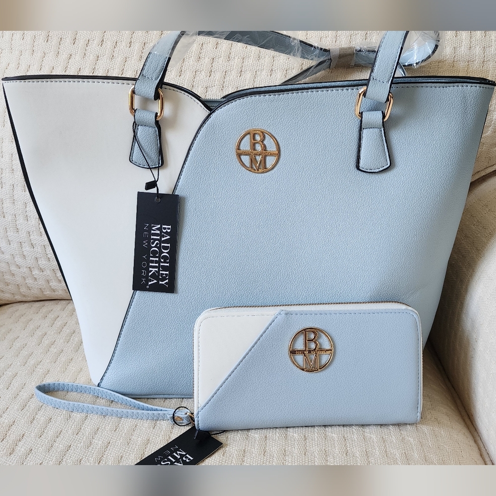 Badgley Mischka Blue and White Tote Bag with Wristlet